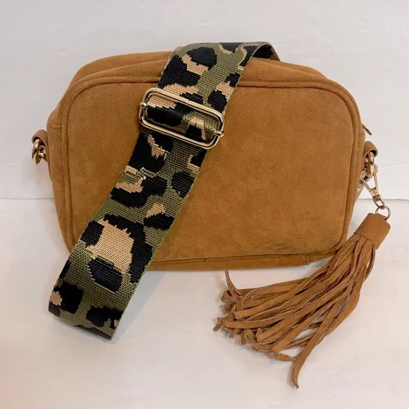 Ah-dorned Tan Faux Suede Leather Zip Top Crossbody Leopard Guitar Strap Bag - Picture 1 of 10